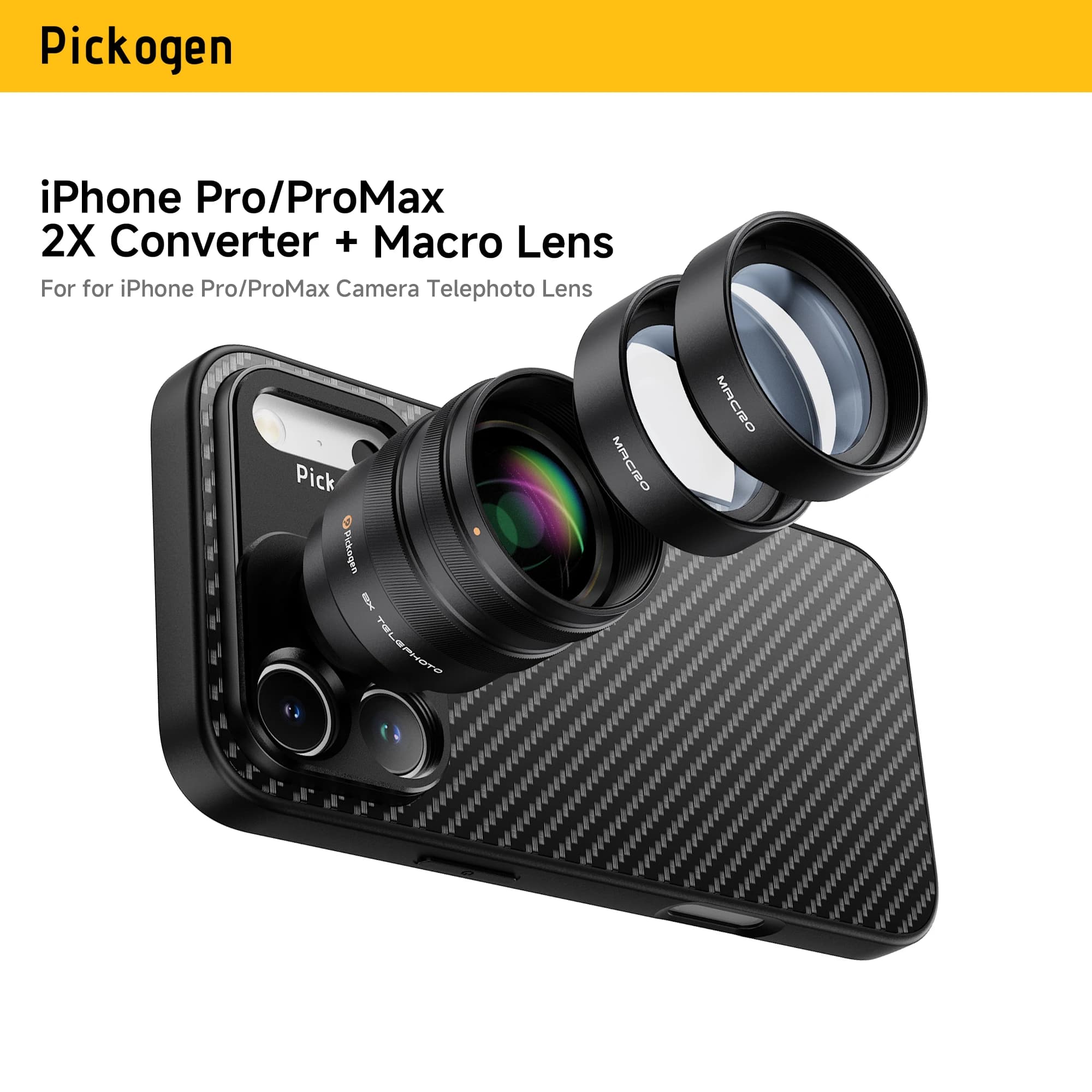 Convertitore PICKOGEN 2X con Lente Macro per Fotocamera Smartphone, Obiettivo Teleobiettivo Compatibile con Custodia Dedicata per iPhone 15/16 Pro Max