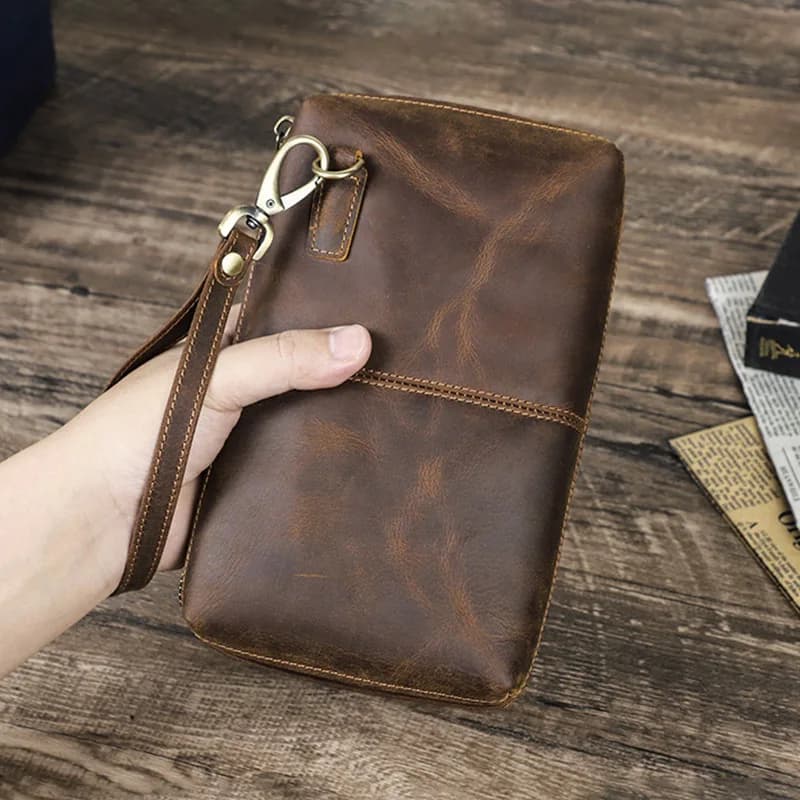 Pochette da Polso in Vera Pelle Crazy Horse, Portafoglio Multifunzione Durevole, Custodia per Telefono da Uomo, Borsa da Viaggio per Uso Quotidiano