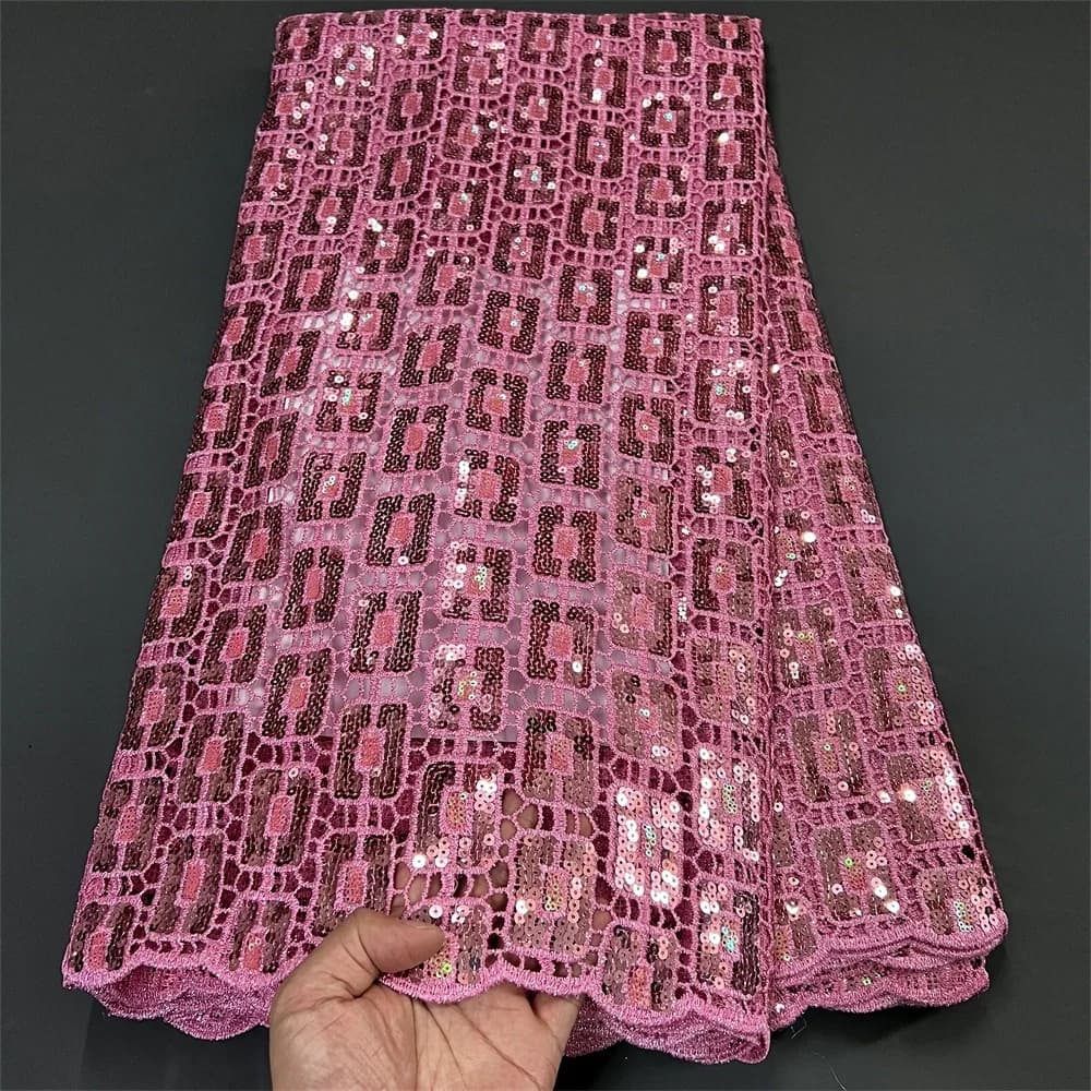 Latest 2025 High Quality African Nigerian Guipure Embroidery Sequins Tulle Lace Fabric for Sewing Dresses 5Yards ZJ057 ZJ053