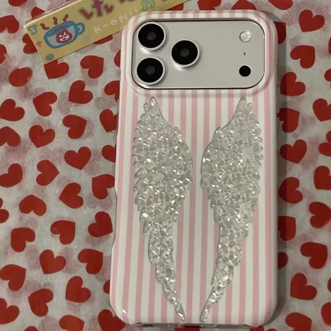 Korean Ins Pink White Striped Wings Shining Phone Case For iPhone Ultra 18 17 AIR 16 15 14 13 12 11 Pro 16Plus Mini Y2K Cover