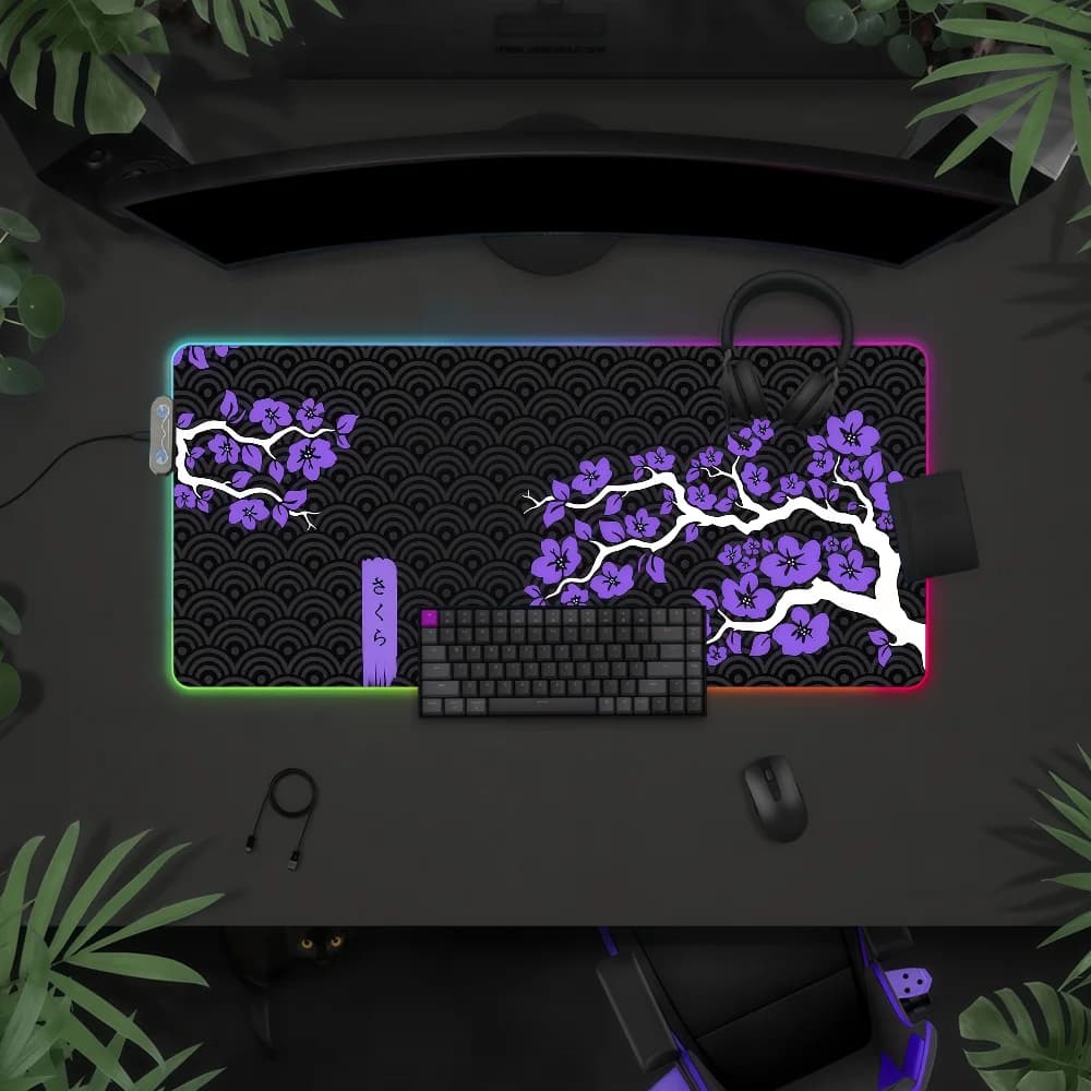 Tappetino per Mouse Sakura Giapponese Impermeabile con Luce LED RGB Colorata, Copertura Antiscivolo per Tastiera da Gioco, Superficie per Scrivania