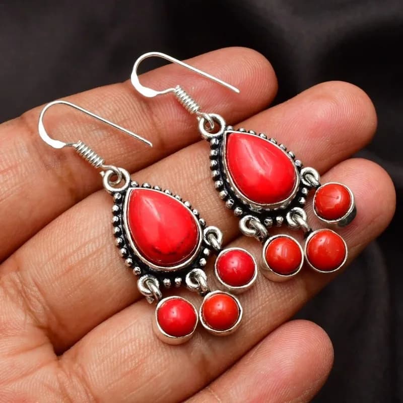 Vintage Inlay Synthetic Red Stone Silvery Plated Earring Bohemian Style Dangle Earrings For Women Trend Jewelry