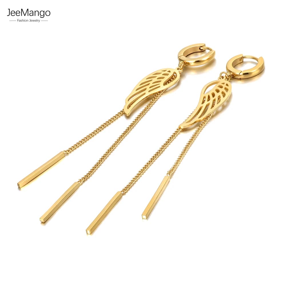 JeeMango Bohemia Long ChainTassel Orecchini a cerchio Trendy Ali in acciaio inossidabile Orecchino per le donne Ragazza boucle oreille femme JE21057