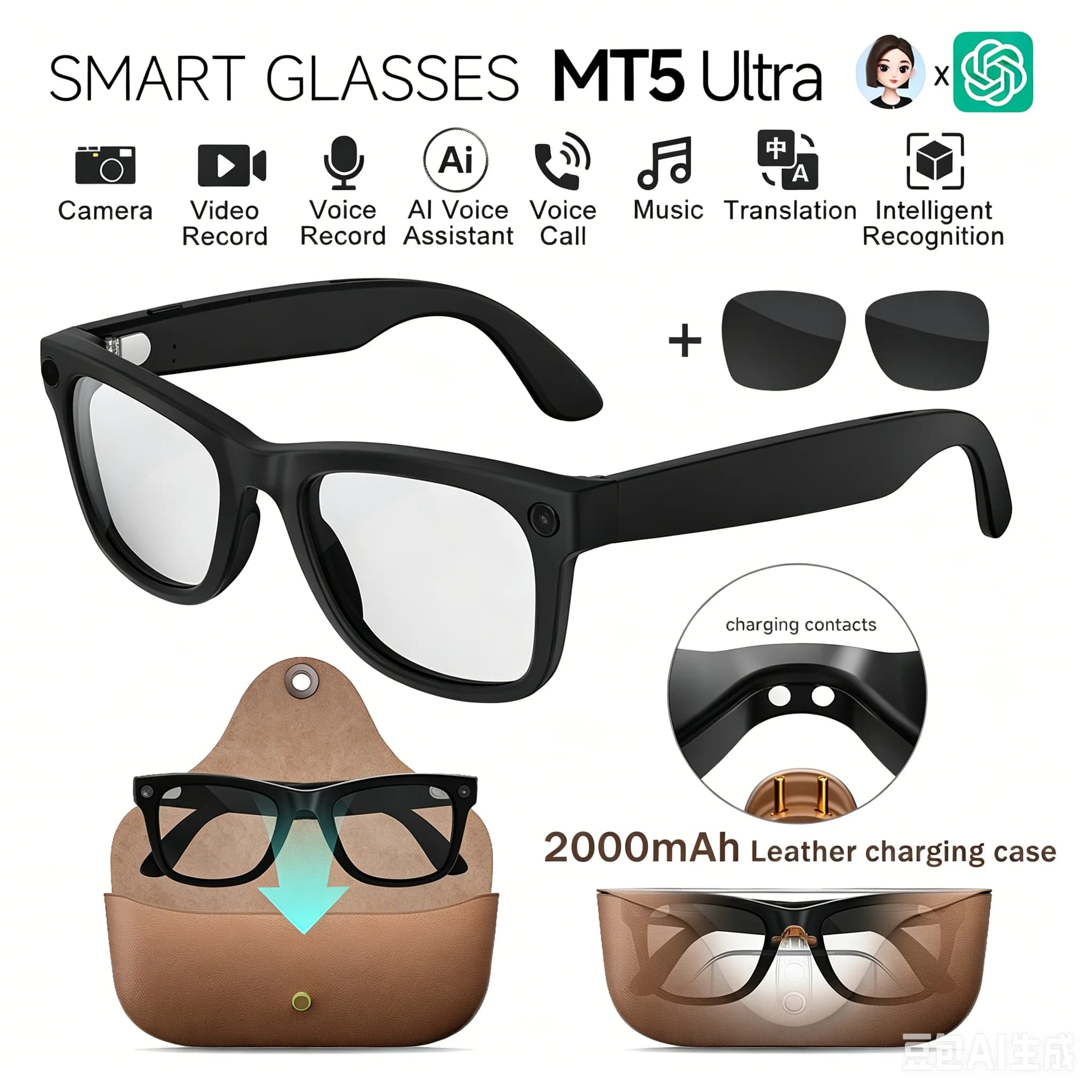 Occhiali Smart MT5 Ultra con Fotocamera HD da 800W, Registrazione Video, Riconoscimento Foto AI, Chiamate Bluetooth, Traduzione Vocale, Occhiali da Sole Uomo
