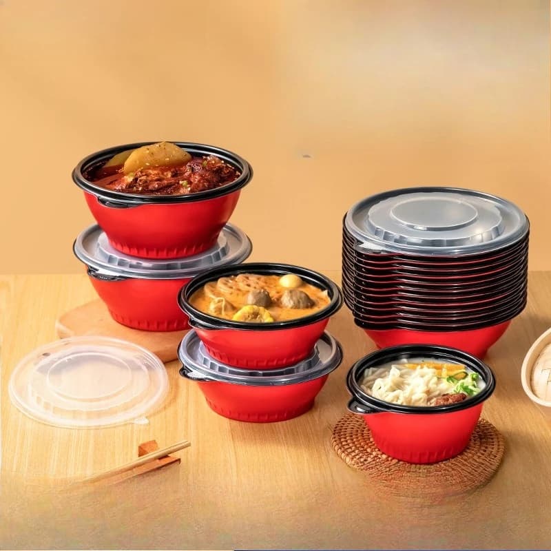 Disposable PP Bowl Red Seal Takeout Food Container with Lid Round Microwave Safe