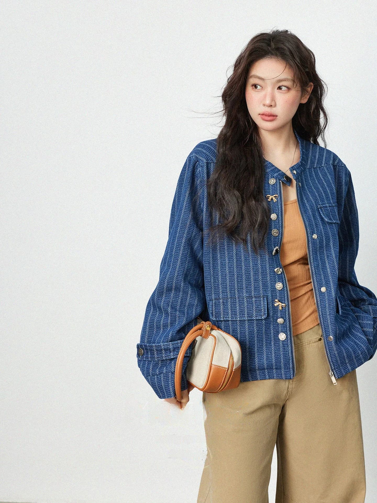 Giacca in denim a righe blu taglie forti, stile casual, a maniche lunghe, da donna, alla moda, nuovo arrivo primavera, capospalla snellente