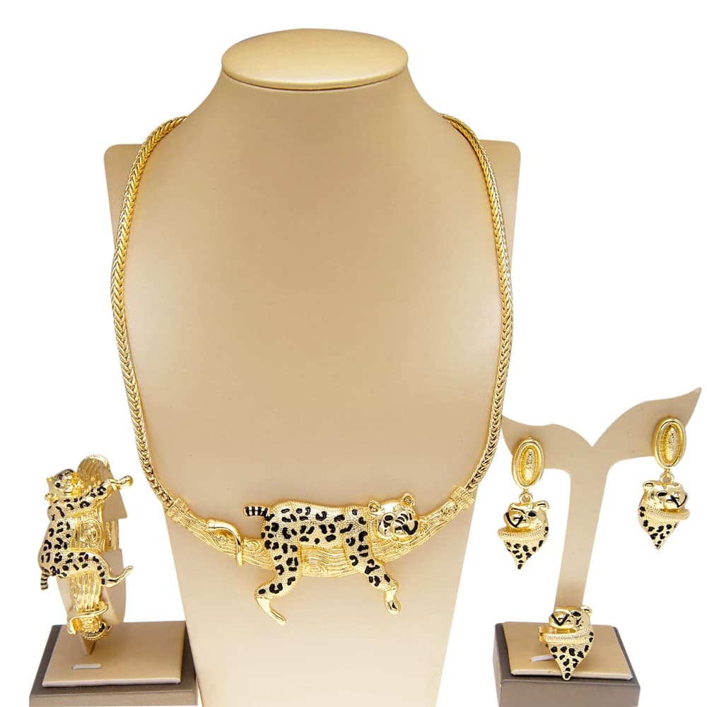 Set di gioielli da donna Dubai Design animale Collana con leopardo Anello Bracciali e orecchini con testa Gioielli con testa di leopardo