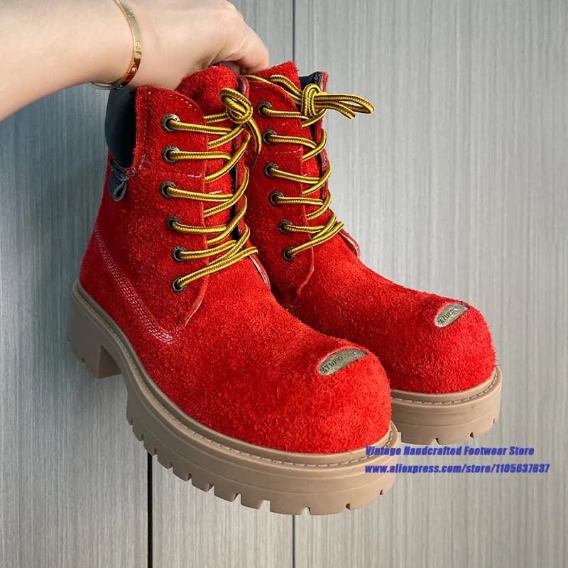 Red Suede Thick Sole Men's Boots Round Toe Platform Lace Up Ankle Booties Luxury Designer Trendy Height Increasing Men's Boots