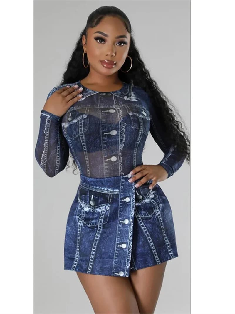 Fake Jean Print 2 Piece Sets Women Outfit Autumn Clothes Women Long Sleeve Bodysuit Mesh Top Shorts Sets Casual Tracksuits Woman