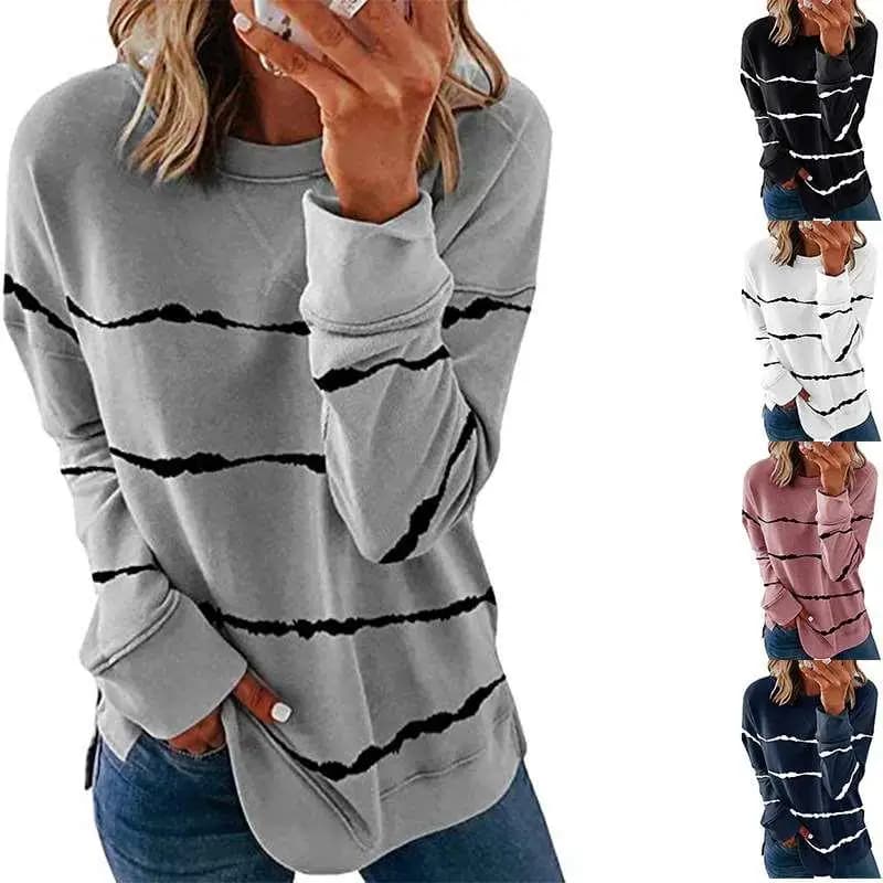 Loose Long Sleeve Women's Sweatshirt Dyed Print round Neck Casual Style Polyester Fiber 100% Stripe Pattern T-shirt