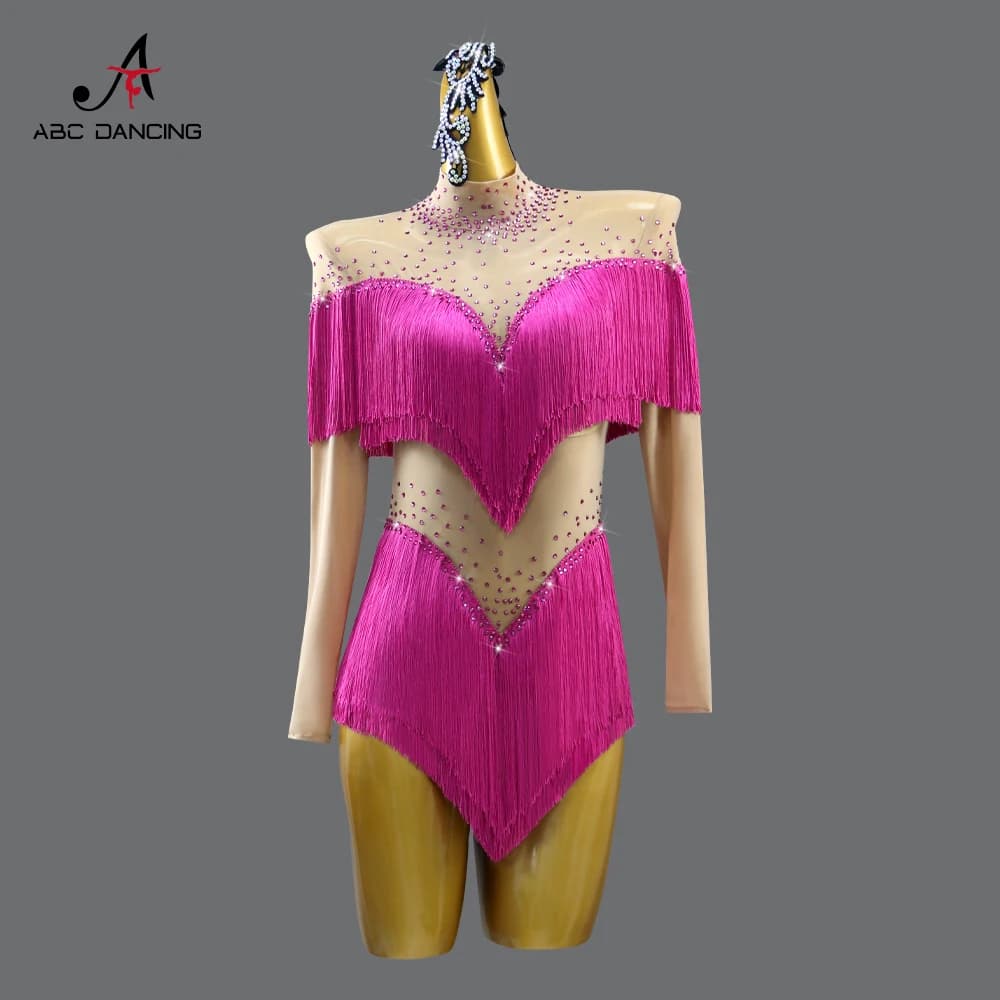 Abito da ballo latino 2026 con gonna a frange, abbigliamento da ballo per ragazze, costumi da sera a maniche lunghe da donna, abiti da palcoscenico, tuta sportiva sexy