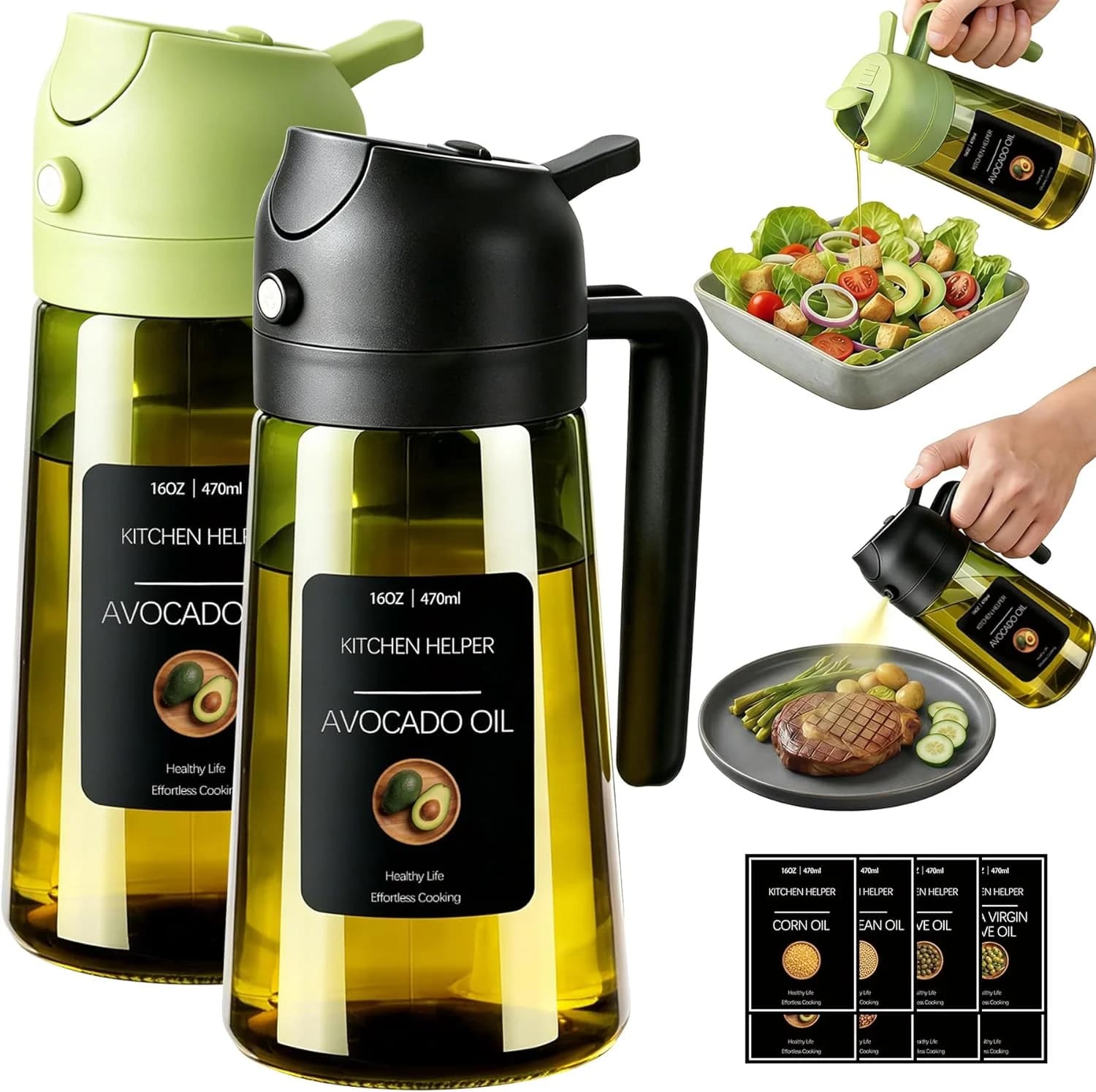 Spruzzatore d'olio 2 in 1 per cucinare, dispenser d'olio oscurato da 16oz per cucina, bottiglia spray anti-perdita per friggitrice ad aria, insalate, barbecue, cottura al forno, grigliate - Nero e Verde