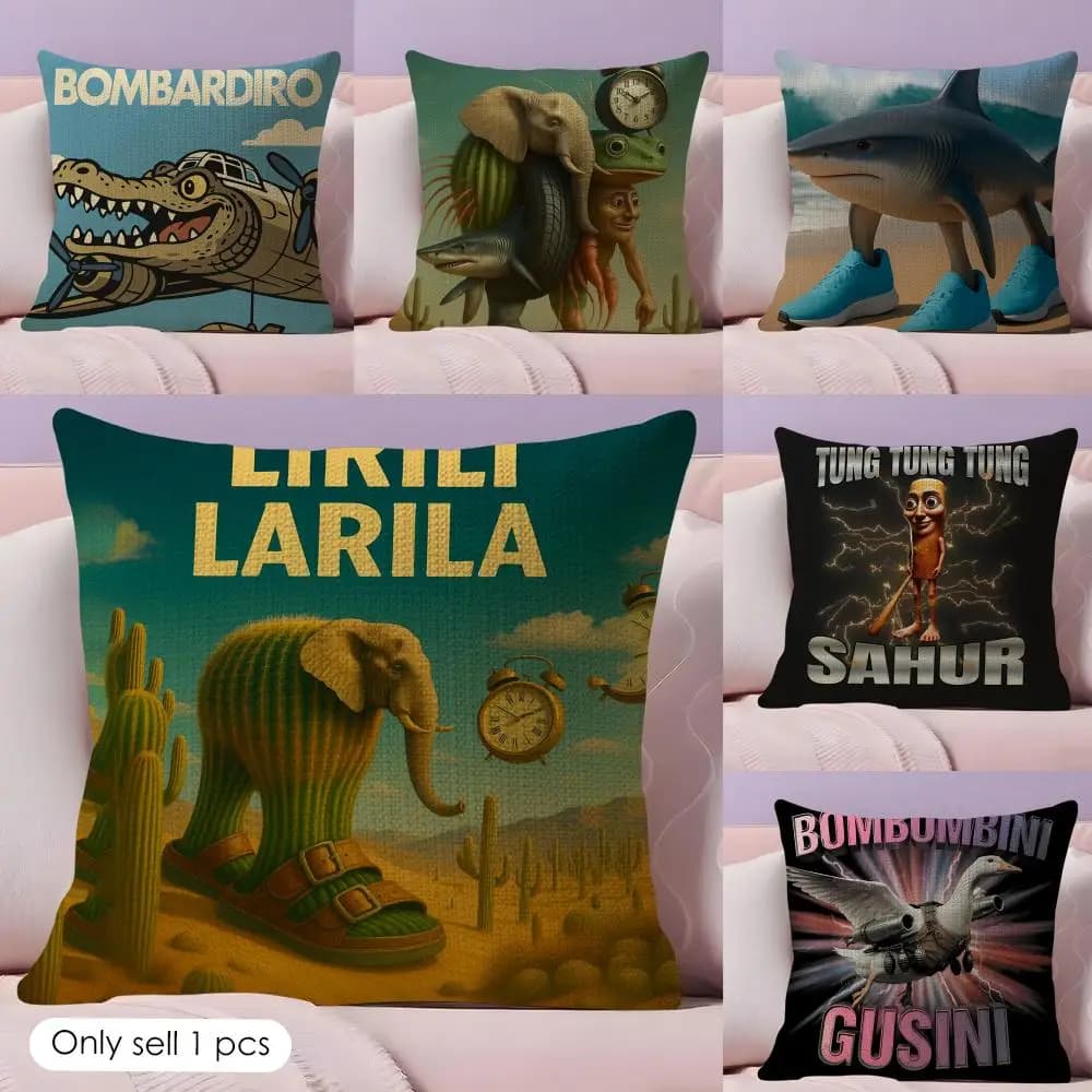 Fodera per cuscino con meme 'Brain Rot' italiano 'Tralalero Tralala', in tessuto di lino, stampa fronte-retro, freschezza estiva, per divano, decorazione per la casa, regalo