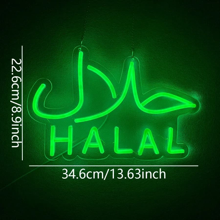 Insegne al neon Halal per porta sospesa per decorazione da parete, insegne al neon per ristorante verde a LED per snack di caramelle di pollo di manzo
