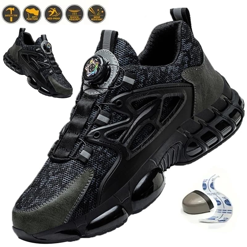 Scarpe antinfortunistiche con bottone rotante alla moda Scarpe da lavoro con cuscino d'aria con punta in acciaio da uomo Stivali antinfortunistici da lavoro antiforatura Scarpe protettive