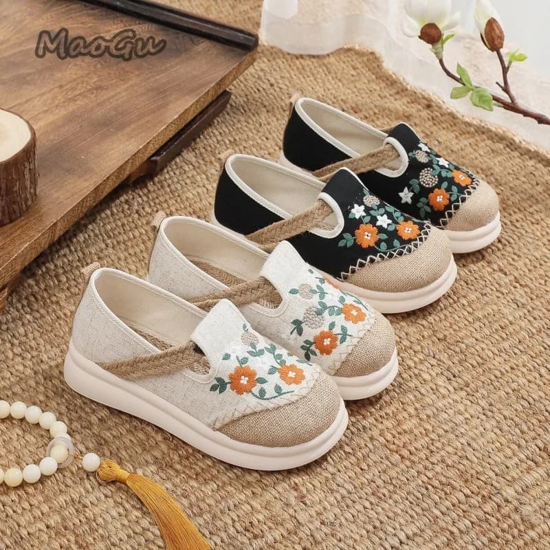 Mocassini da Donna con Ricami Floreali in Lino, Stile Tradizionale Cinese, Slip-On, Scarpe Casual Traspiranti con Suola Spessa