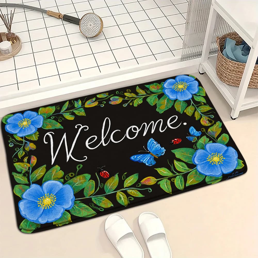 Blue Butterflies and Flowers Welcome Door Mat Printed Decoration Flannel Carpet Mat Absorbent Foot Mat Machine Washable Decor