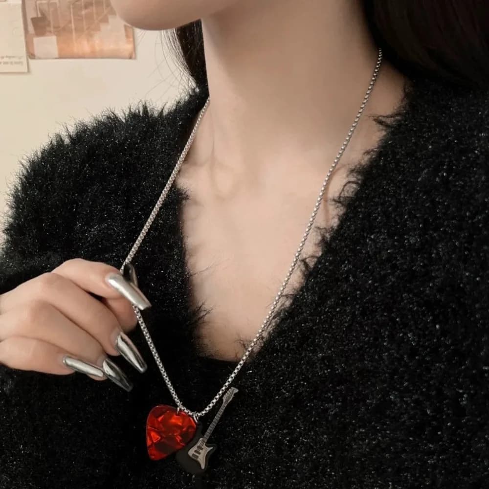 Hip-hop Guitar Pick Pendant Necklace Titanium Steel Punk Guitar Chain Choker Vintage Trendy Electric Guitar Sweater Chain Unisex