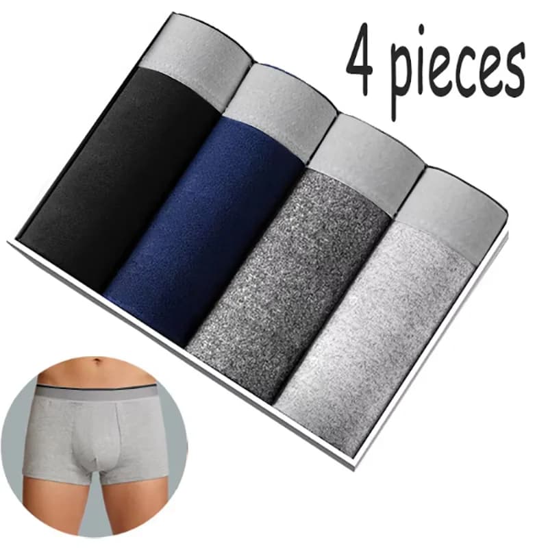 4PCS solid color simple, breathable and comfortable underwear set, mid-waist sports stretch men's boxer shorts