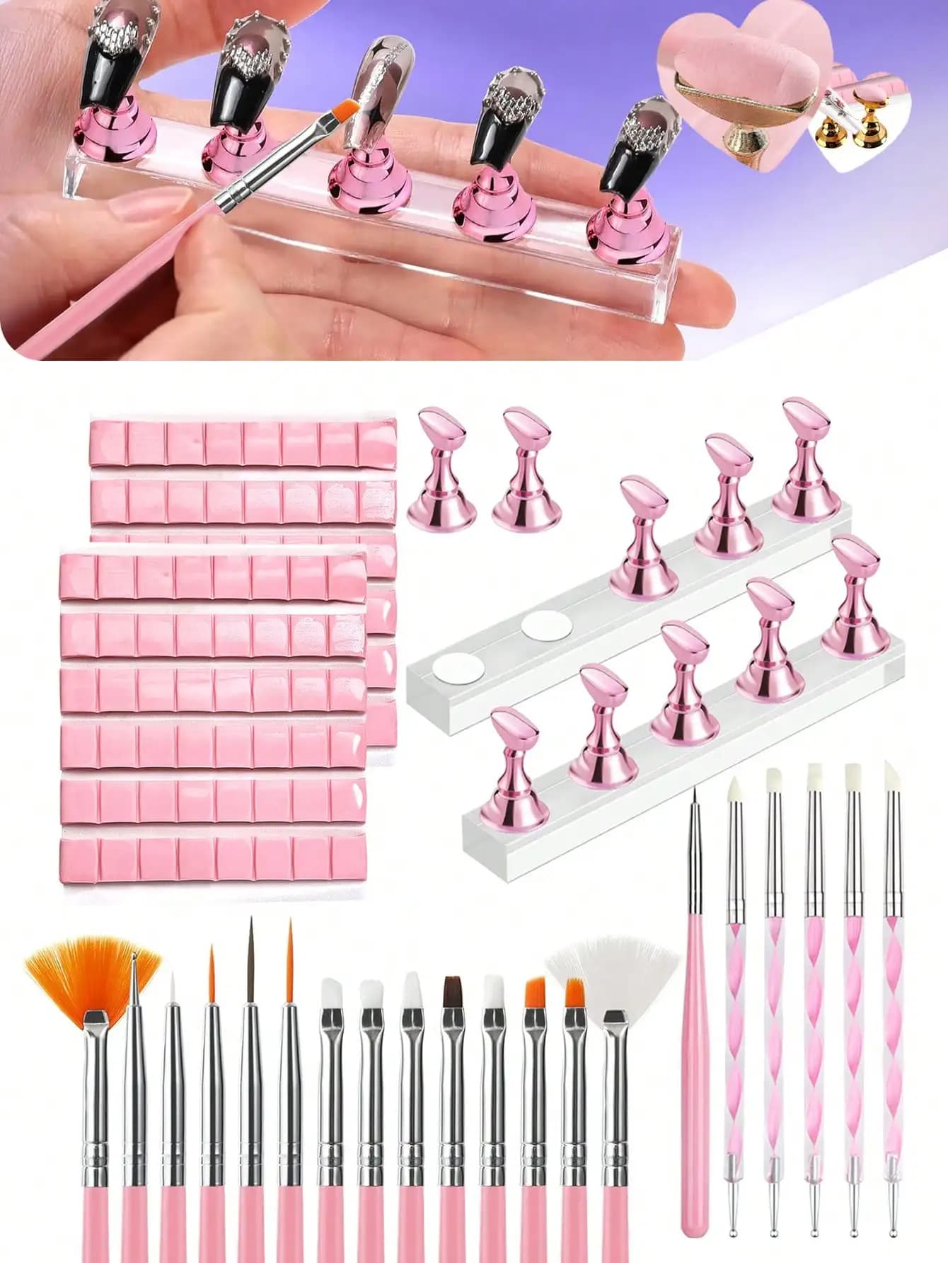 Kit di strumenti per manicure serie rosa da 80 pezzi, argilla riutilizzabile per nail art con 48 scomparti, 10 supporti per nail art + 2 basi trasparenti, 15 penne per nail art + 5 strumenti per decorare le unghie, per esporre e praticare gli adesivi per unghie, supporti magnetici per unghie finte per la pratica professionale della manicure, include