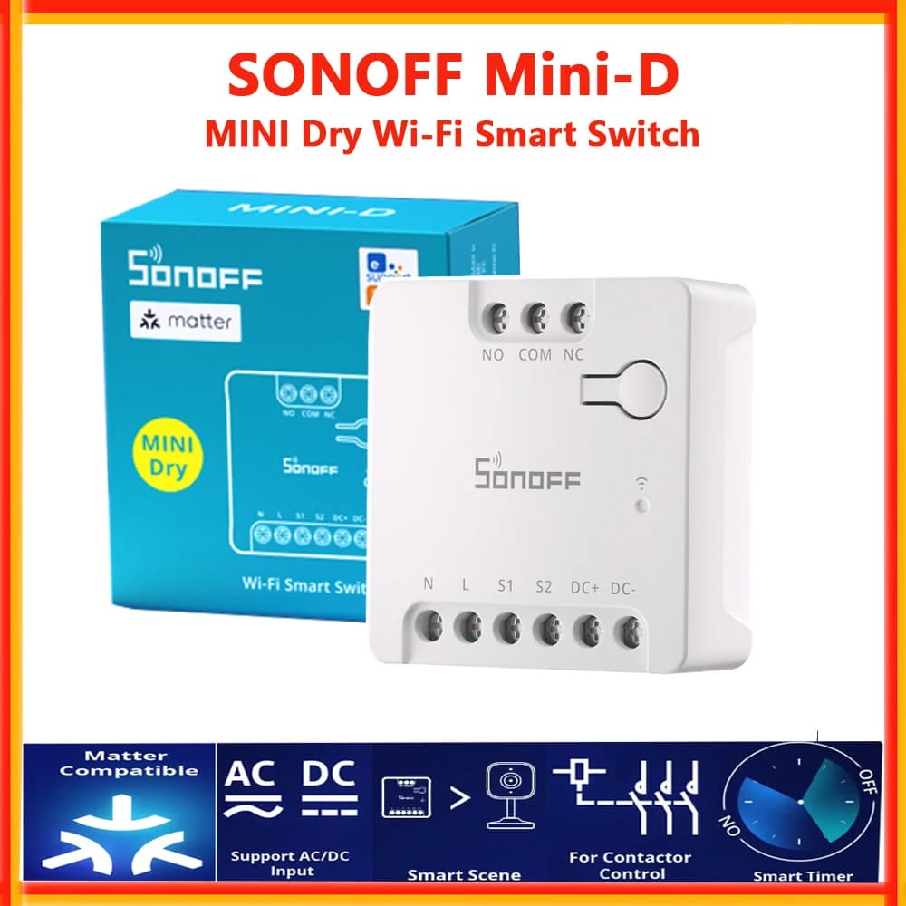 SONOFF Mini-D Mini Dry Contact Wifi Smart Countertop Switch Compatible with remote control motors with AC/DC input, Garage doors via eWelink