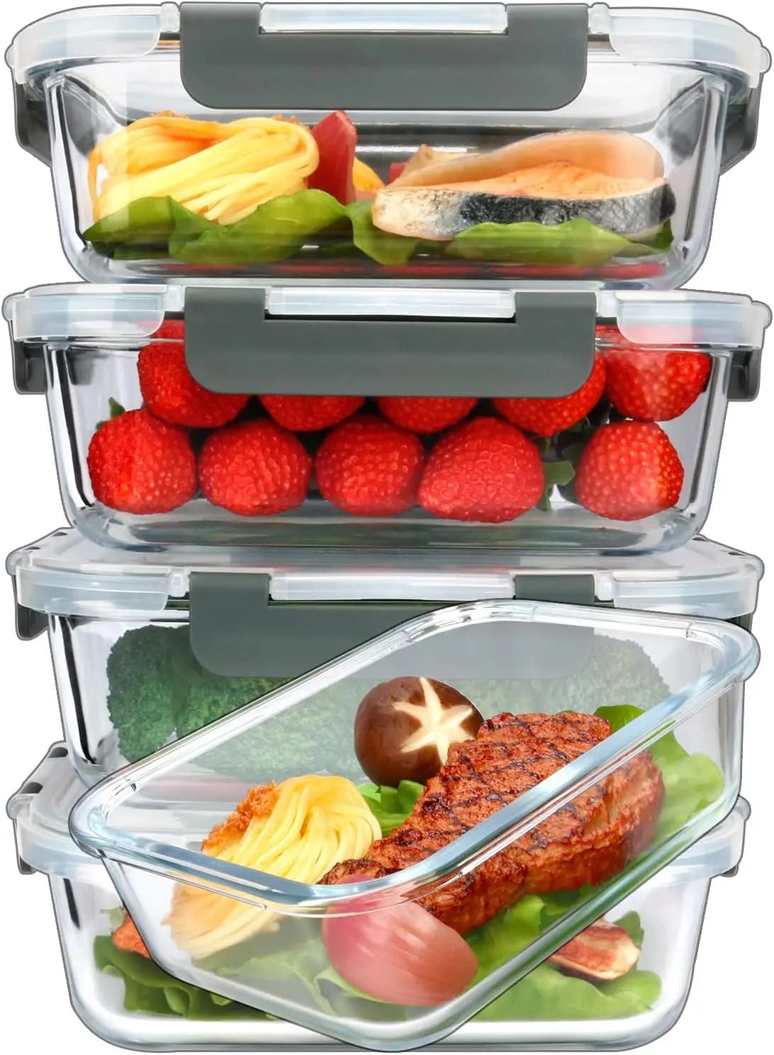 Set di 5 Contenitori in Vetro per Preparazione Pasti con Coperchi, Ermetici, Adatti per Microonde e Lavastoviglie (36 Oz)