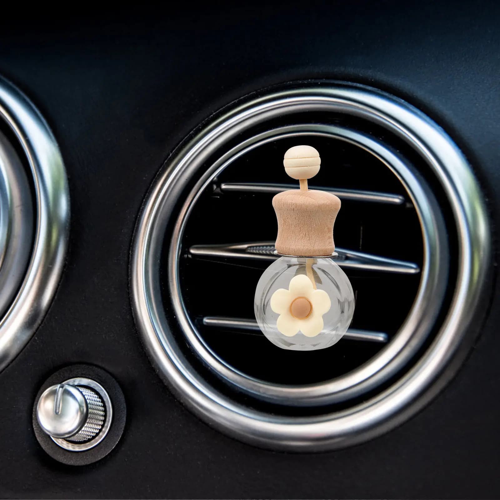 Diffusore di Profumo per Auto, Bottiglia Vuota Riutilizzabile per Oli Essenziali, Diffusore per Bocchette dell'Aria del Veicolo, Bottiglia Decorativa per Aromi, Elegante in Vetro e Legno