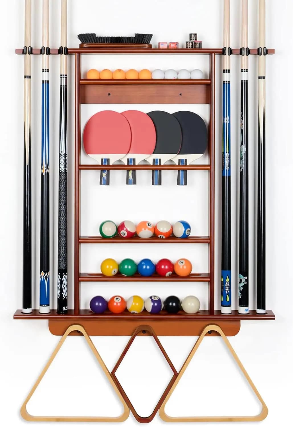Supporto da Parete 2-in-1 per Stecche da Biliardo e Racchette da Ping Pong, Portaoggetti in Legno di Pino Massiccio per Accessori da Sala Giochi