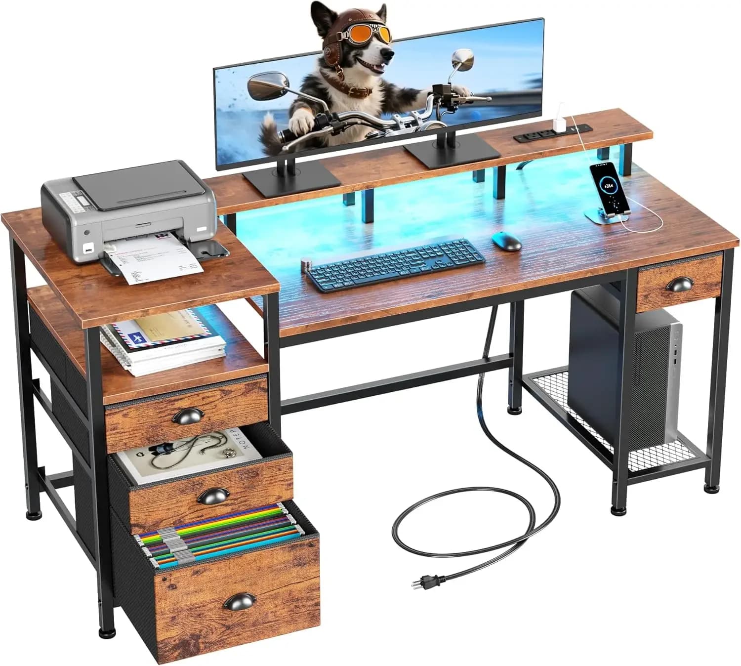 60" Computer Desk with File Cabinet and Storage Shelves, Reversible Home Office Desk with LED Lights, Full Monitor Stand, Power