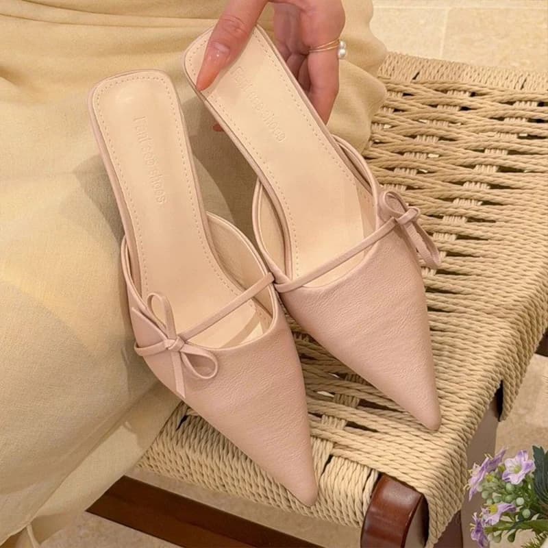 Elegant Satin Knot Pointed Toe Semi Slip-On High Heel Sandals for Women Spring Summer Fashion Trend Anti-Slip Rubbe...