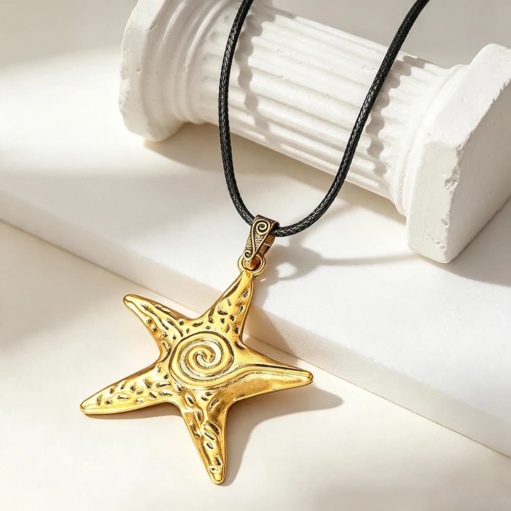 Big Starfish Marine Organism Pendant Necklace Metal Alloy Necklace Long Wax Rope Chain Jewelry For All Seasons