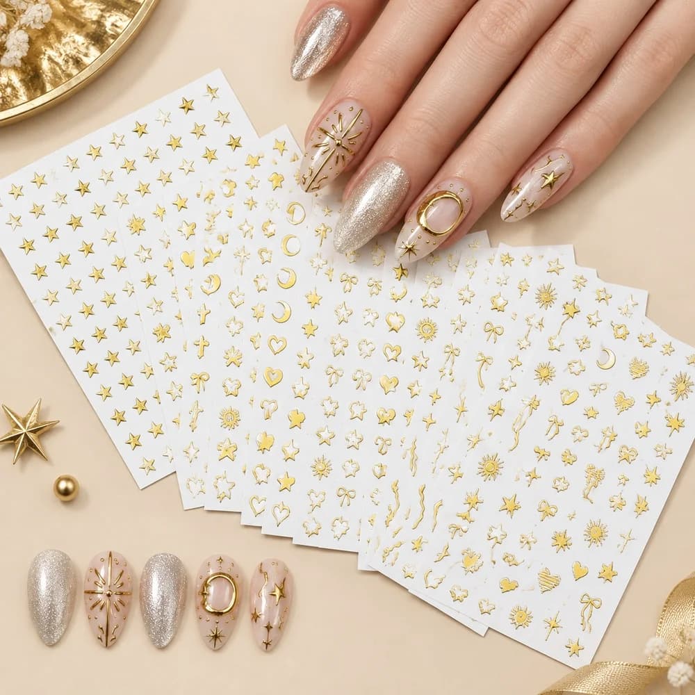 30Pcs Y2K Metallic Foil Nail Stickers Gold Star Moon Sun Heart Bow Alphabet Wave Palm Arrow Shiny Nail Decals Salon Supplies