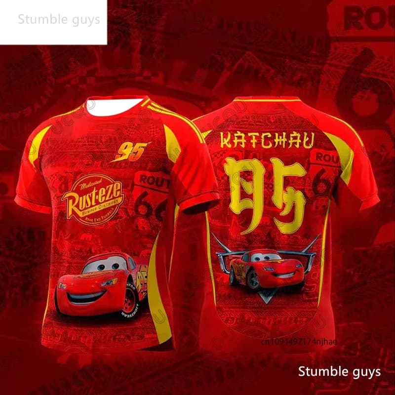 T-shirt per ragazzi Cars con stampa Lightning McQueen Racing, top casual estivo a maniche corte, leggero e morbido, in cartone
