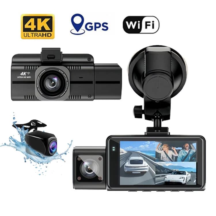 Dashcam con 3 Canali 4K WiFi, Telecamera per Auto di Alta Qualità con Videocamera Frontale e Interna