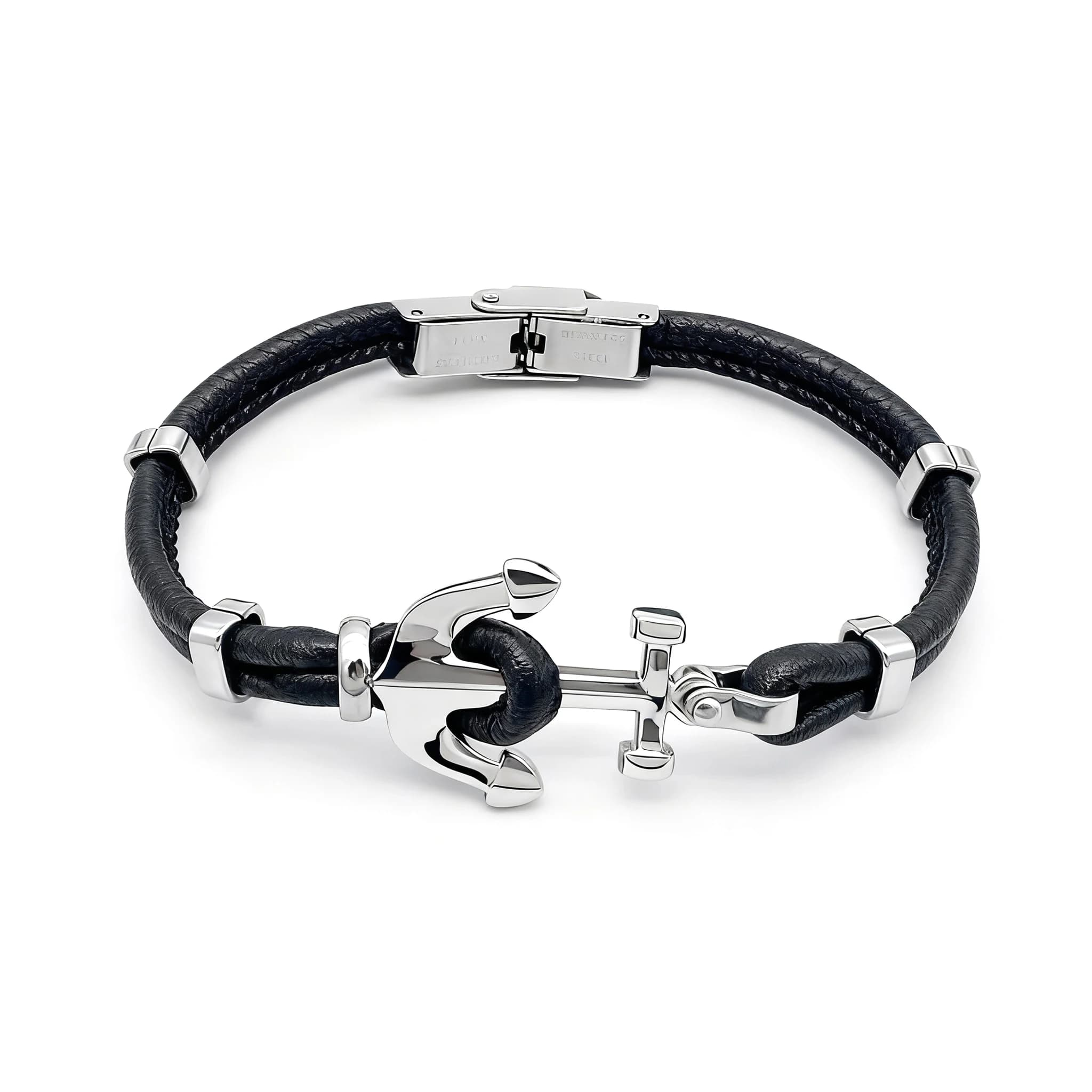 Bracciale da uomo Runda in pelle nera con catena intrecciata in acciaio e chiusura con ancora regolabile 22 cm