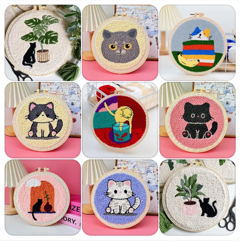 20x20 cm Punching Kit Needle Frame for Animal Beginners Cat Cute Yarn Painting Embroidery Frame Art Funny Image Point Cross Kit