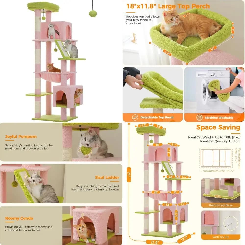 Grande torre per gatti da interno per gatti adulti - multilivello da 71 pollici con amaca extra large, 2 grotte, area giochi spaziosa