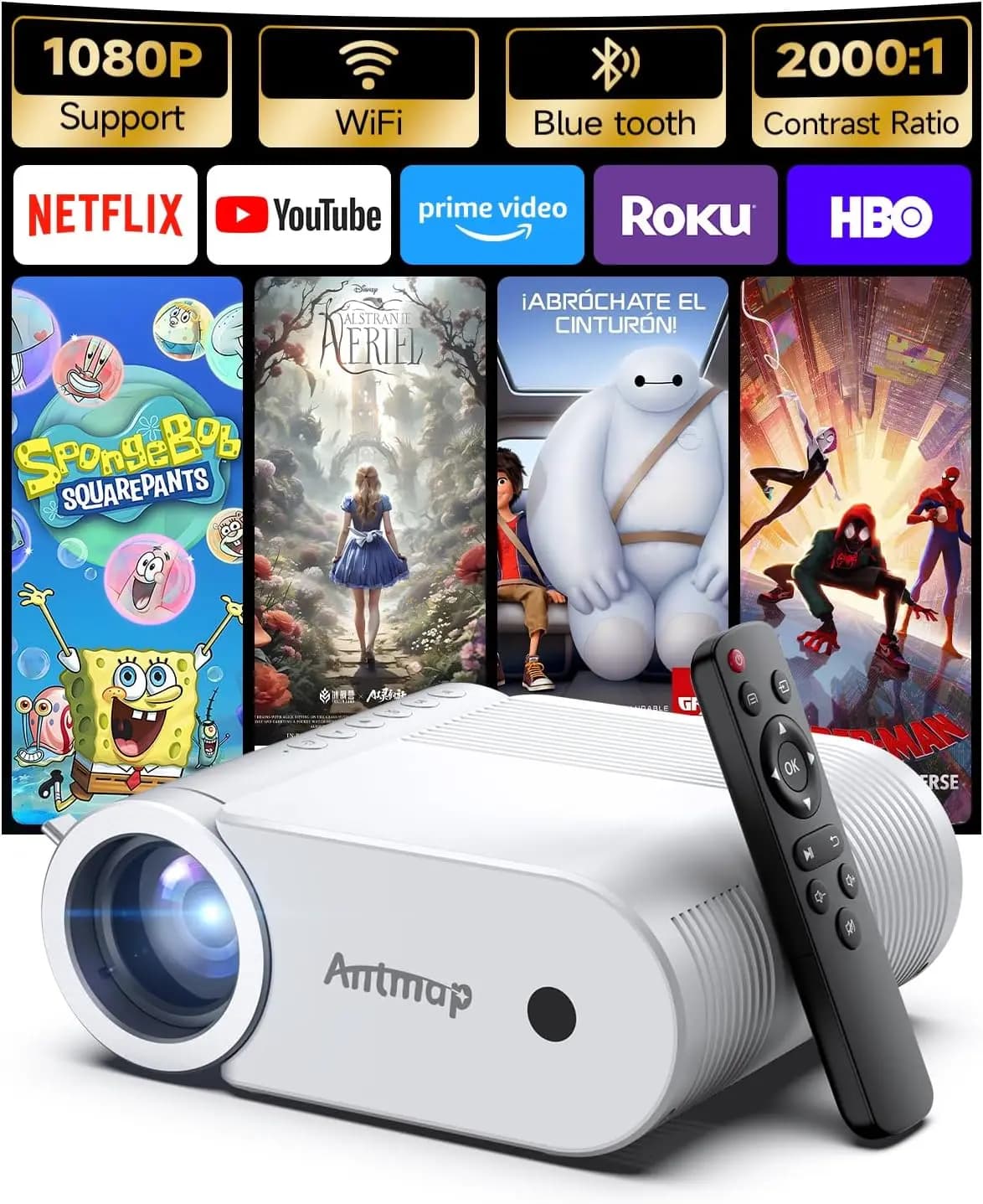 Mini Proiettore con WiFi e Bluetooth, 400 ANSI Lumen, Portatile, Supporto 1080P Nativo e 4K, Home Theater per Esterni, Display da 200 Pollici