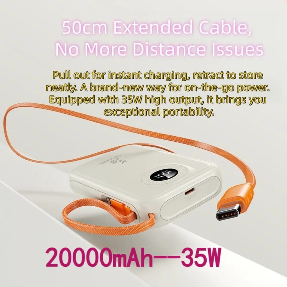 Power Bank da 20000mAh, Ricarica Rapida Dual 35W/20W, Cavi Integrati, Display Digitale, Portatile per Tutti i Telefoni