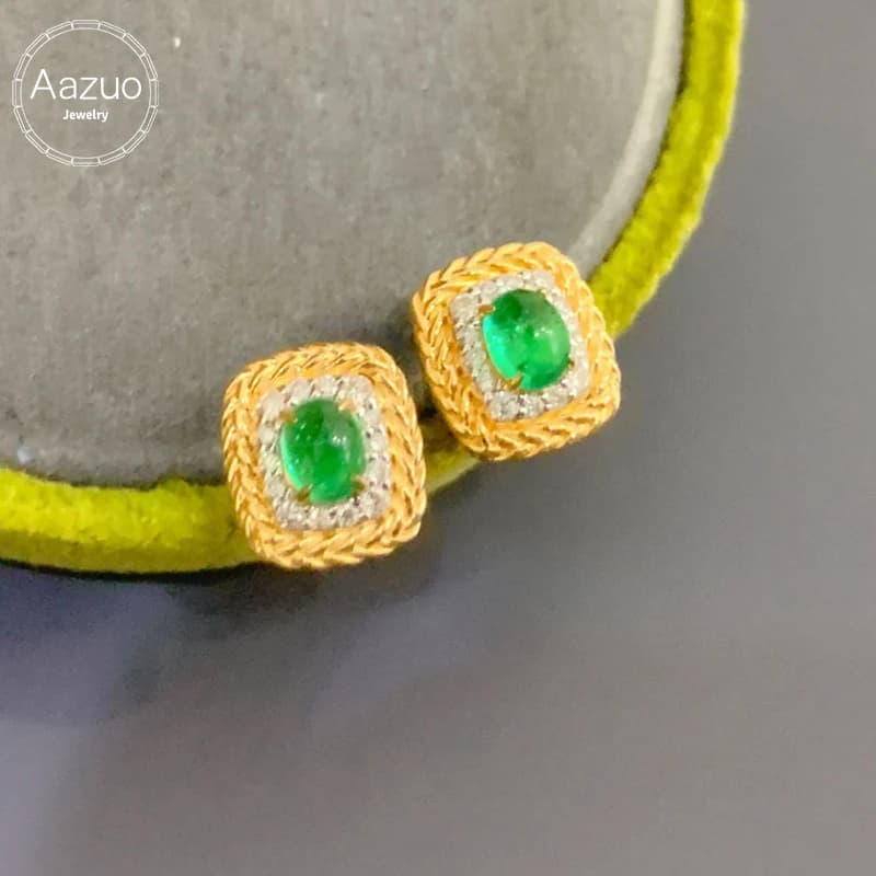 Aazuo Orecchini a bottone a forma quadrata con vero oro giallo 18 carati, smeraldo naturale, diamanti reali, dotati per le donne, festa di fidanzamento, matrimonio