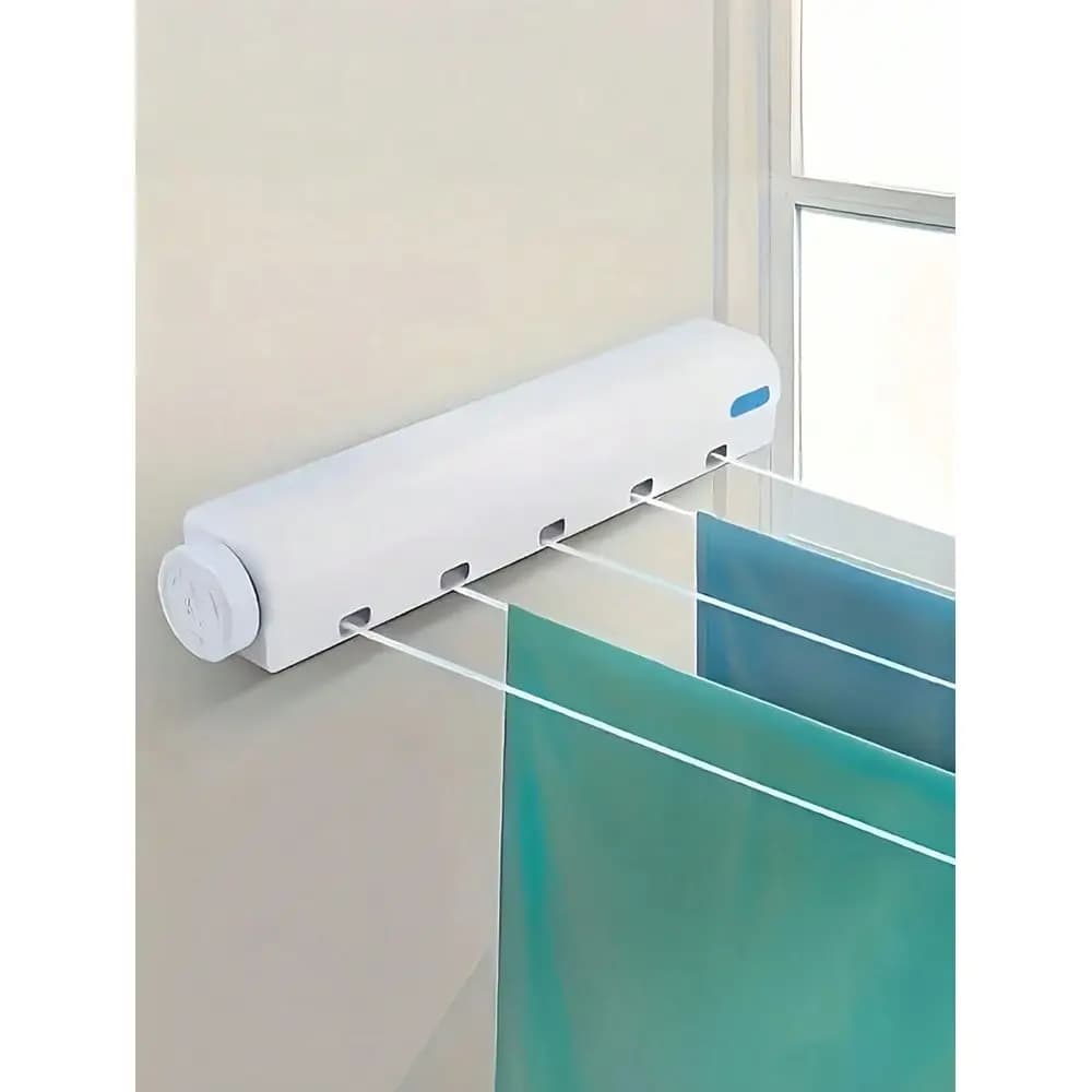 1pc Space Saving Retractable Clothesline With 4 5 Ropes, Wall Mounted Durable Plastic Drying Rack With Towel Bar And Hooks, Por
