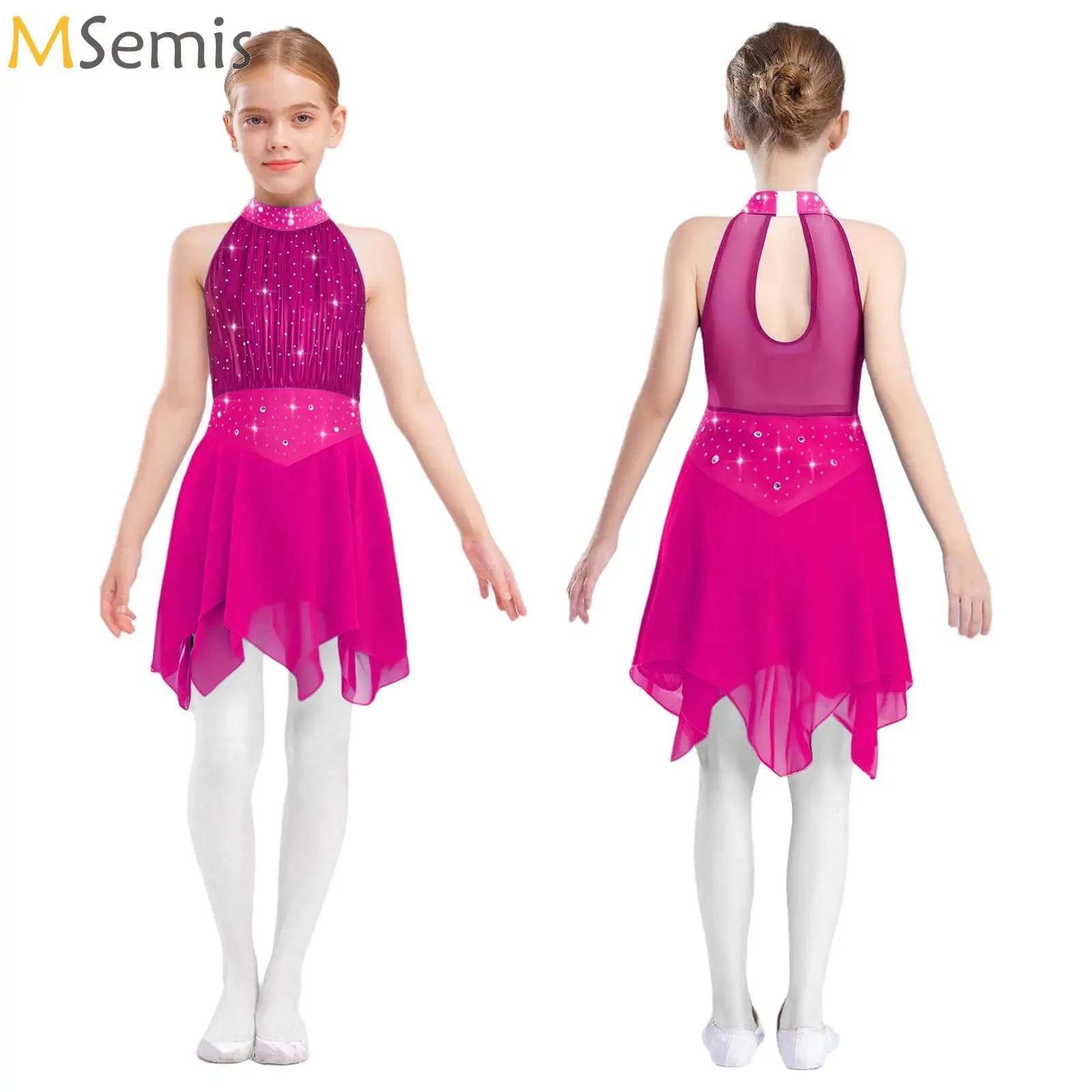 Kids Girls Figure Skating Dress Shiny Rhinestone Sheer Mesh Chiffon Tutu Ballroom Ballet Gymnastics Dance Costume Stage Clothing