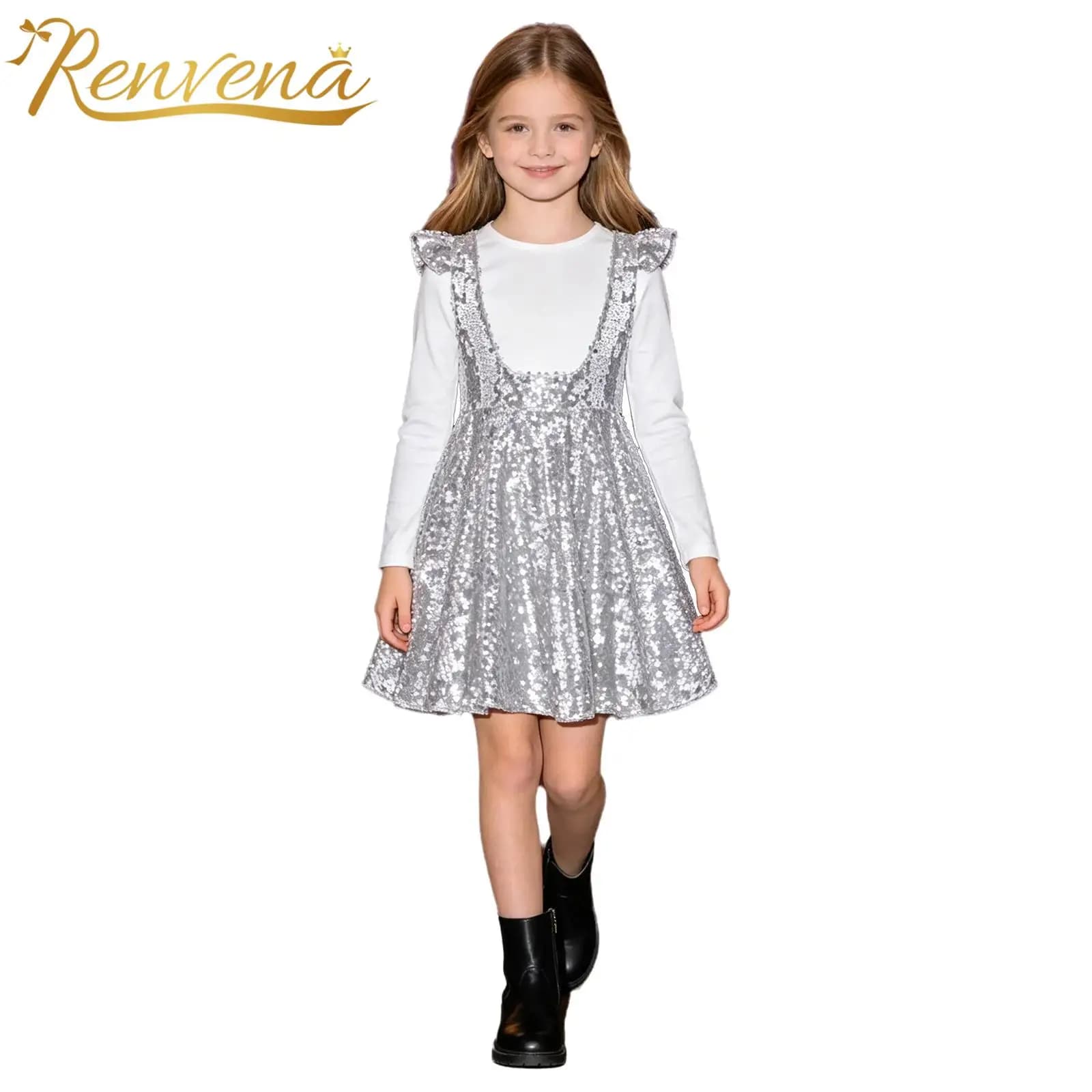 Gonne con Bretelle Scintillanti per Bambine, Gonna con Paillettes, Gonna Plissettata a Balze, Costume da Ballo Disco per Bambini