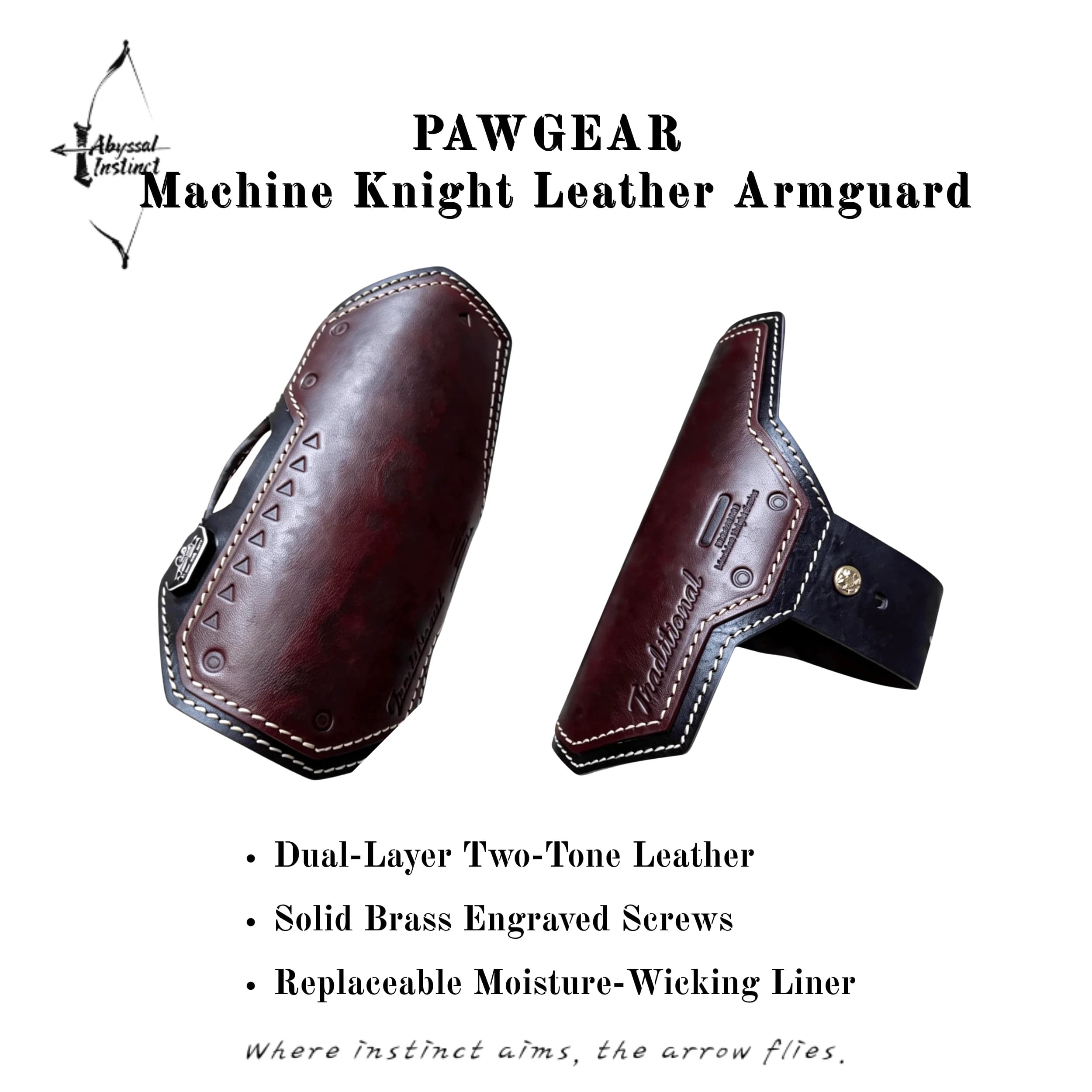 Traditional Archery Armguard, Two-Tone Top-Grain Leather, Moisture-Wicking Replaceable Liner with 3M Adhesive, Solid Brass Engra