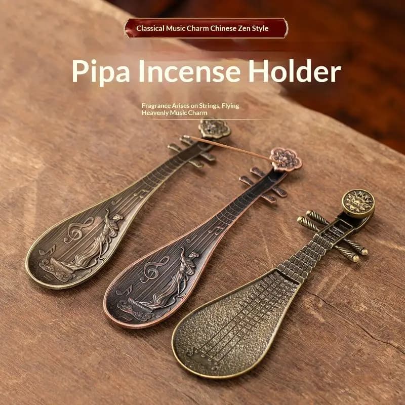 1Pcs Pipa Shape Incense Stick Holder Retro Metal Incense Burner Tray Chinese Style Decor For Home Tea Room Meditation Use