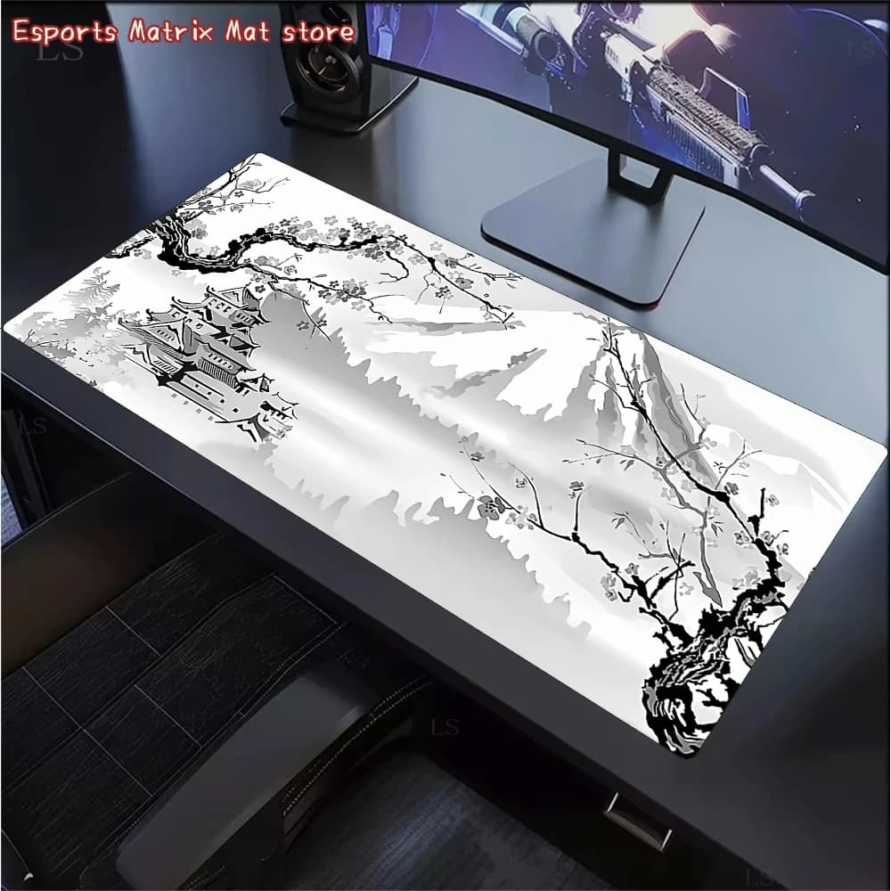Tappetino per mouse Ink Landscape - Tappetino da scrivania da gioco esteso di grandi dimensioni con design di montagne e case antiche