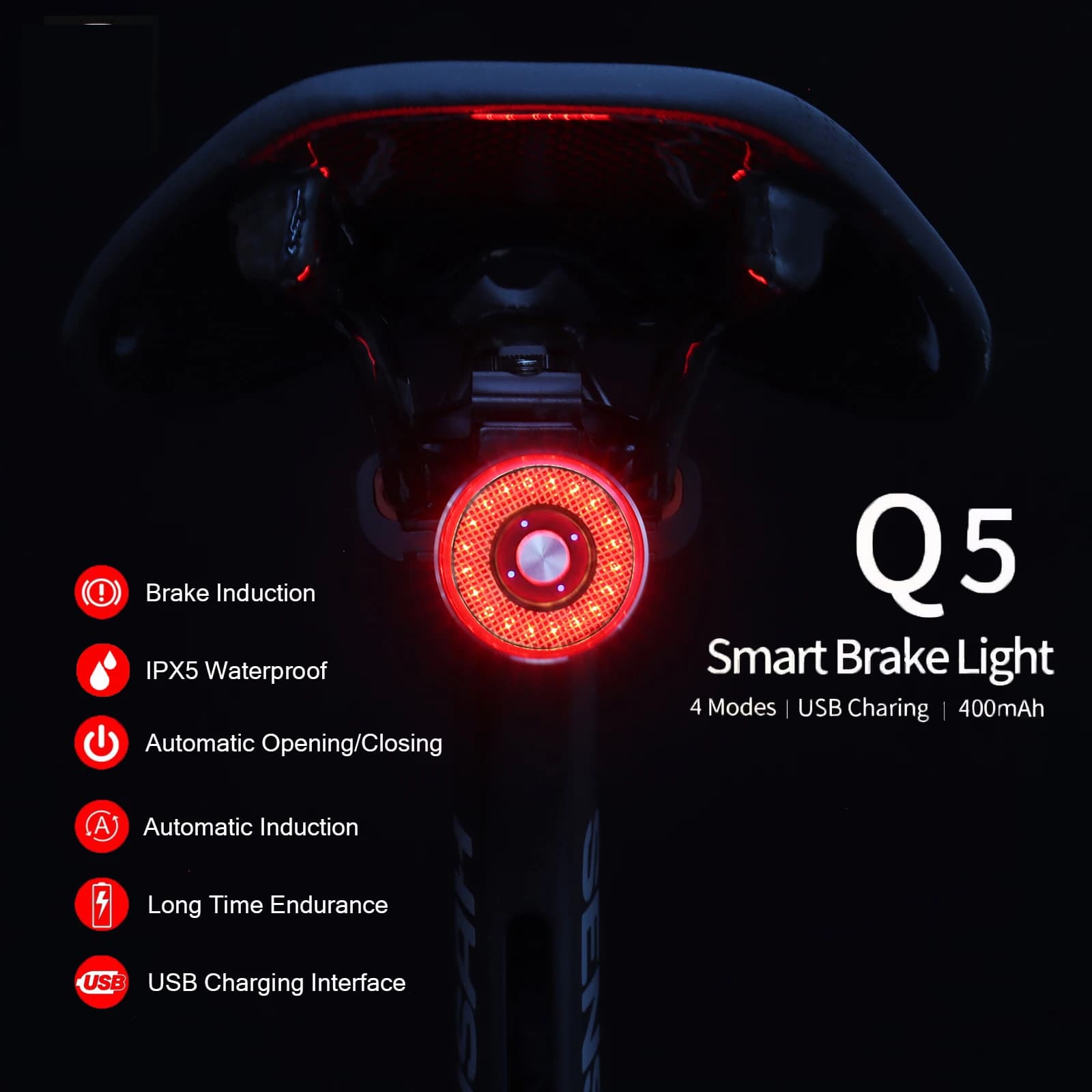 Fanale posteriore per ciclismo Smart Auto Brake Sensing Ipx6 Impermeabile USB ricaricabile Led Luce posteriore per bici Accessori per la guida di sicurezza notturna