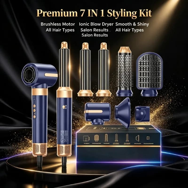 Brushless 7‑in‑1 Ionic Hot Air Styling Comb Diffuser Home Salon High‑Speed Blow Curling Hair‑Drying Tool Kit