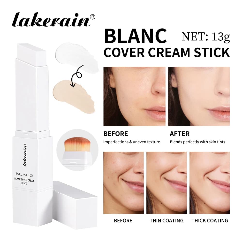 Lakerain Fondotinta Stick Cambia Colore Copertura Totale Finitura Opaca Pennello e Stick a Doppia Punta Impermeabile Fondotinta Liscio