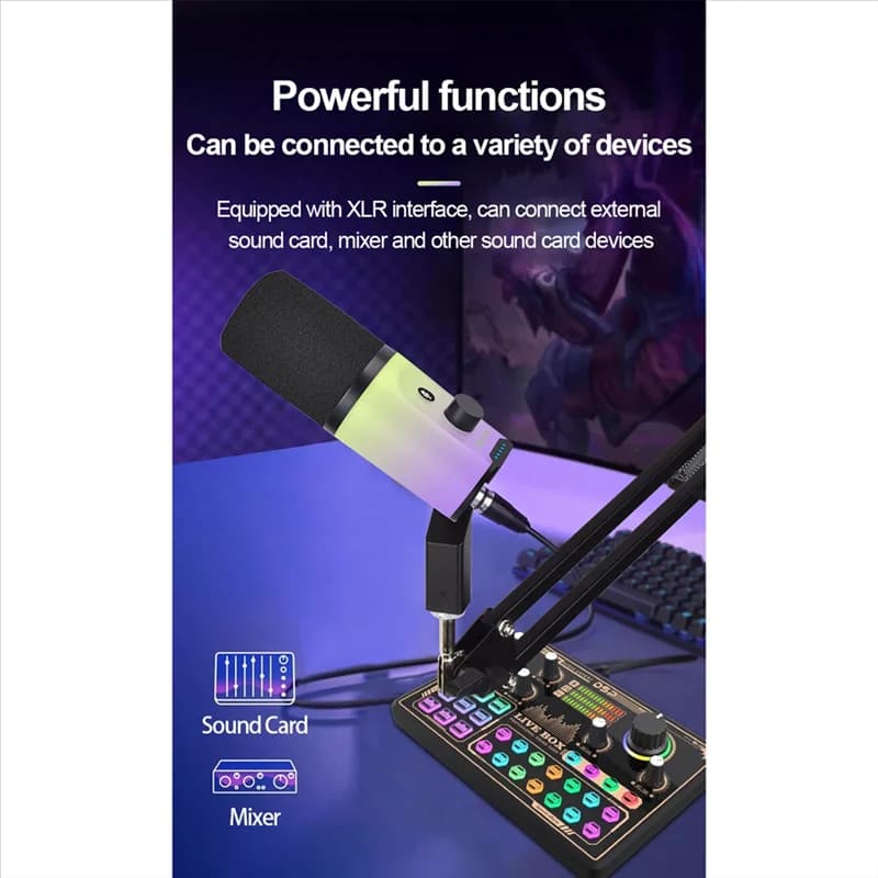 BNVN-Dual Mode XLR/USB Dynamic Microphone RGB Jack for Headphones Arm Support for Live Stream Recording for Podcasting Games